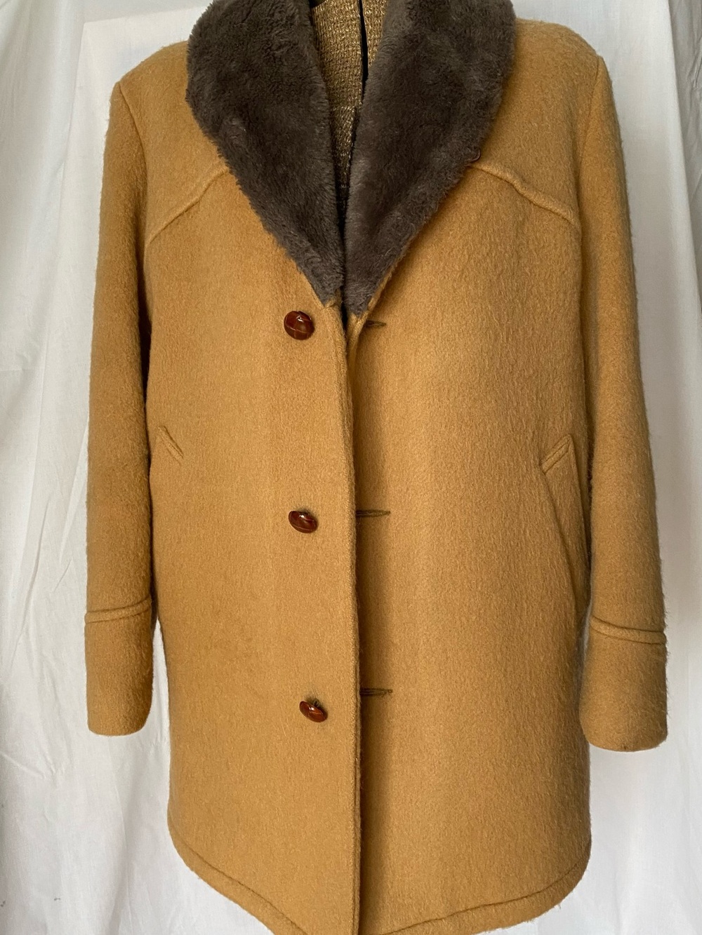 Vintage Hudson’s Bay Company Wool Camel Coat with Faux Fur Collar